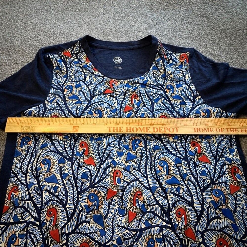 Tory Burch Silk Front Linen Top Bird Print Short Sleeve Blue Graphic Blouse L - Picture 7 of 8